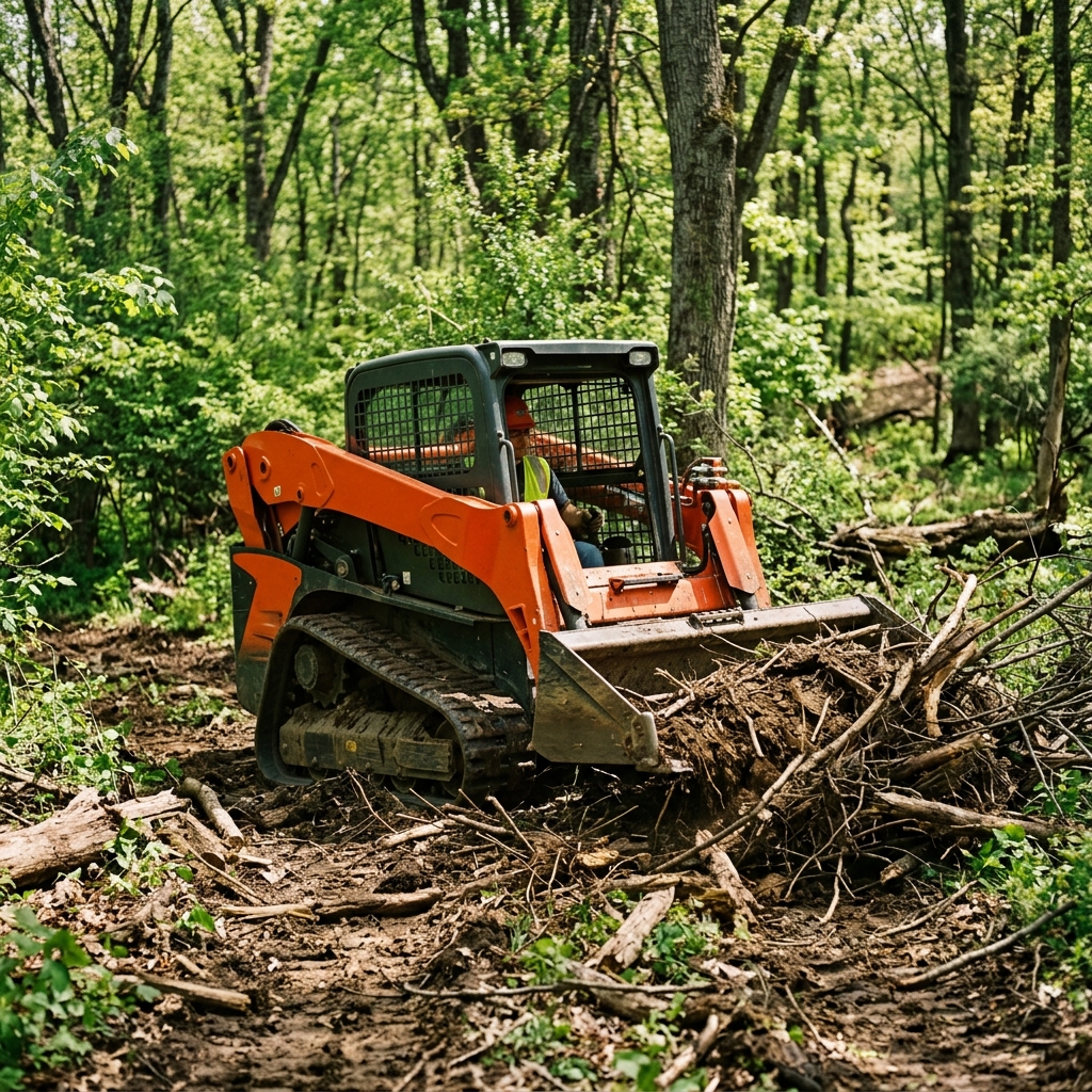 Skid steer clearing brush on a spring property